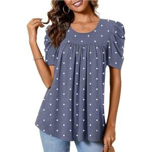 Anydeer Womens Plus Size 3XL Tunic Top Blue White Polka Dot Puff Sleeve Pleated